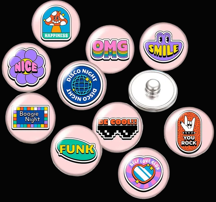 Snap Buttons - Buttons for snap jewelry- sets of 10 pcs each - Motivational Themes. sizes: 12mm/18mm/20mm snap buttons,WARNING: confirm snap jewelry button size, some jewelry may take multiple button sizes. PICK COLOR AND SIZE TO SEE SET CHOSEN.