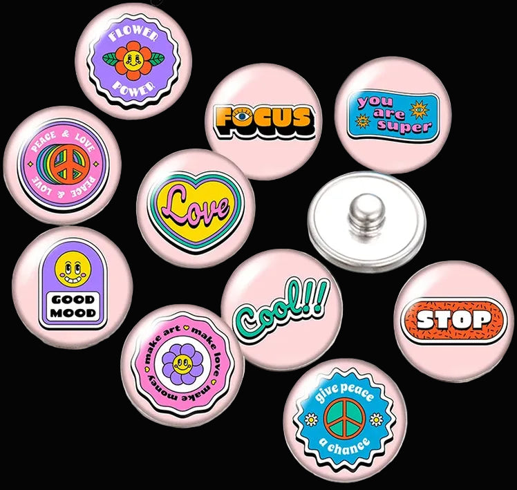 Snap Buttons - Buttons for snap jewelry- sets of 10 pcs each - Motivational Themes. sizes: 12mm/18mm/20mm snap buttons,WARNING: confirm snap jewelry button size, some jewelry may take multiple button sizes. PICK COLOR AND SIZE TO SEE SET CHOSEN.