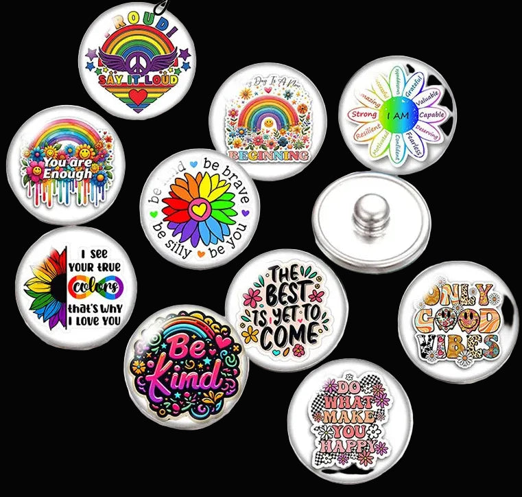 Snap Buttons - Buttons for snap jewelry- sets of 10 pcs each - Motivational Themes. sizes: 12mm/18mm/20mm snap buttons,WARNING: confirm snap jewelry button size, some jewelry may take multiple button sizes. PICK COLOR AND SIZE TO SEE SET CHOSEN.