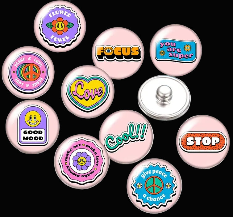 Snap Buttons - Buttons for snap jewelry- sets of 10 pcs each - Motivational Themes. sizes: 12mm/18mm/20mm snap buttons,WARNING: confirm snap jewelry button size, some jewelry may take multiple button sizes. PICK COLOR AND SIZE TO SEE SET CHOSEN.