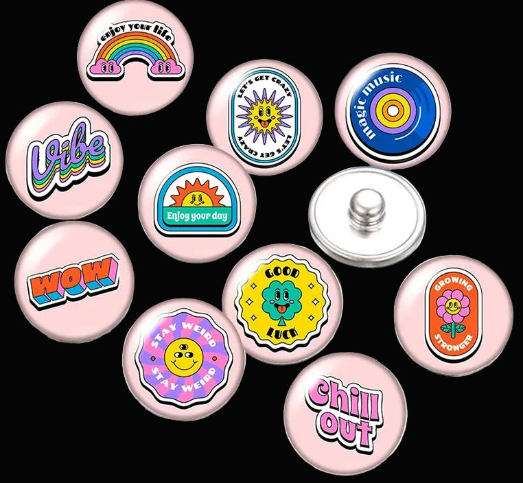 Snap Buttons - Buttons for snap jewelry- sets of 10 pcs each - Motivational Themes. sizes: 12mm/18mm/20mm snap buttons,WARNING: confirm snap jewelry button size, some jewelry may take multiple button sizes. PICK COLOR AND SIZE TO SEE SET CHOSEN.