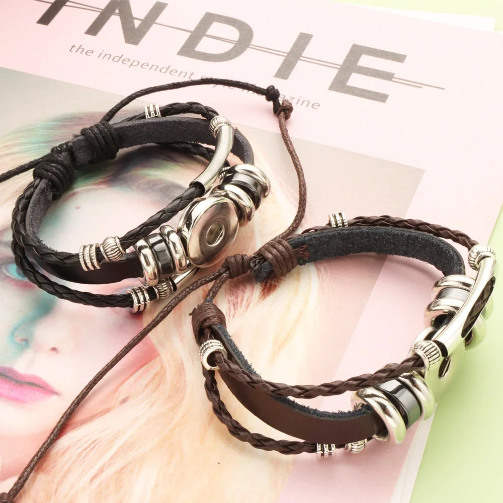 Snap Jewelry - Bracelet - Adjustable, Real Leather Bracelet, Fit 18mm Snap Button, Unisex bracelet (NO snap button included, see button collections)