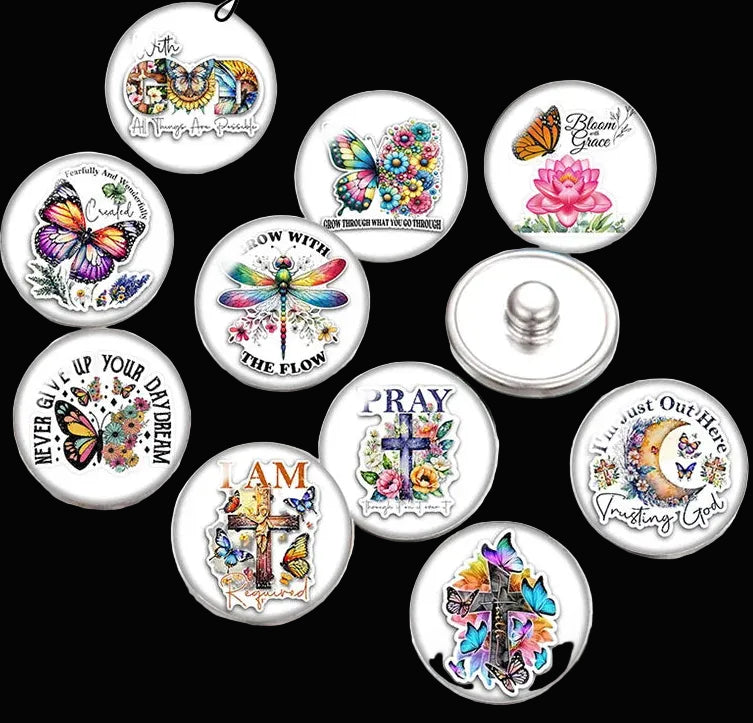 Snap Buttons - Buttons for snap jewelry- sets of 10 pcs each - Motivational Themes. sizes: 12mm/18mm/20mm snap buttons,WARNING: confirm snap jewelry button size, some jewelry may take multiple button sizes. PICK COLOR AND SIZE TO SEE SET CHOSEN.