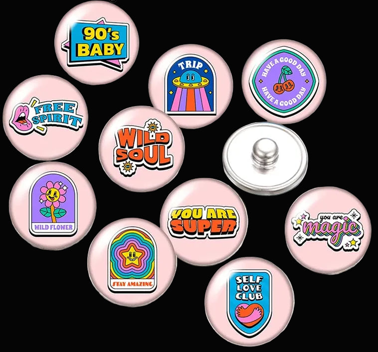 Snap Buttons - Buttons for snap jewelry- sets of 10 pcs each - Motivational Themes. sizes: 12mm/18mm/20mm snap buttons,WARNING: confirm snap jewelry button size, some jewelry may take multiple button sizes. PICK COLOR AND SIZE TO SEE SET CHOSEN.