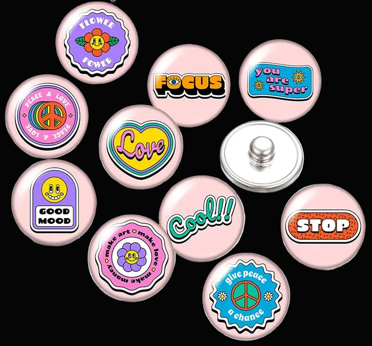Snap Buttons - Buttons for snap jewelry- sets of 10 pcs each - Motivational Themes. sizes: 12mm/18mm/20mm snap buttons,WARNING: confirm snap jewelry button size, some jewelry may take multiple button sizes. PICK COLOR AND SIZE TO SEE SET CHOSEN.