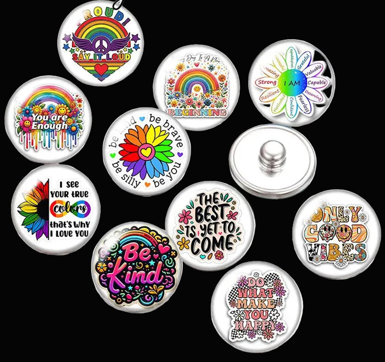 Snap Buttons - Buttons for snap jewelry- sets of 10 pcs each - Motivational Themes. sizes: 12mm/18mm/20mm snap buttons,WARNING: confirm snap jewelry button size, some jewelry may take multiple button sizes. PICK COLOR AND SIZE TO SEE SET CHOSEN.