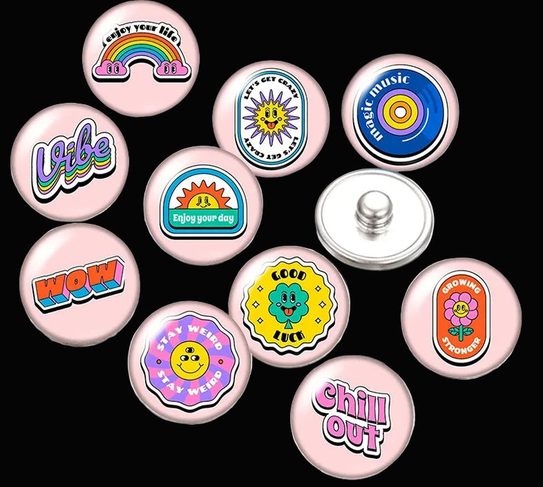 Snap Buttons - Buttons for snap jewelry- sets of 10 pcs each - Motivational Themes. sizes: 12mm/18mm/20mm snap buttons,WARNING: confirm snap jewelry button size, some jewelry may take multiple button sizes. PICK COLOR AND SIZE TO SEE SET CHOSEN.