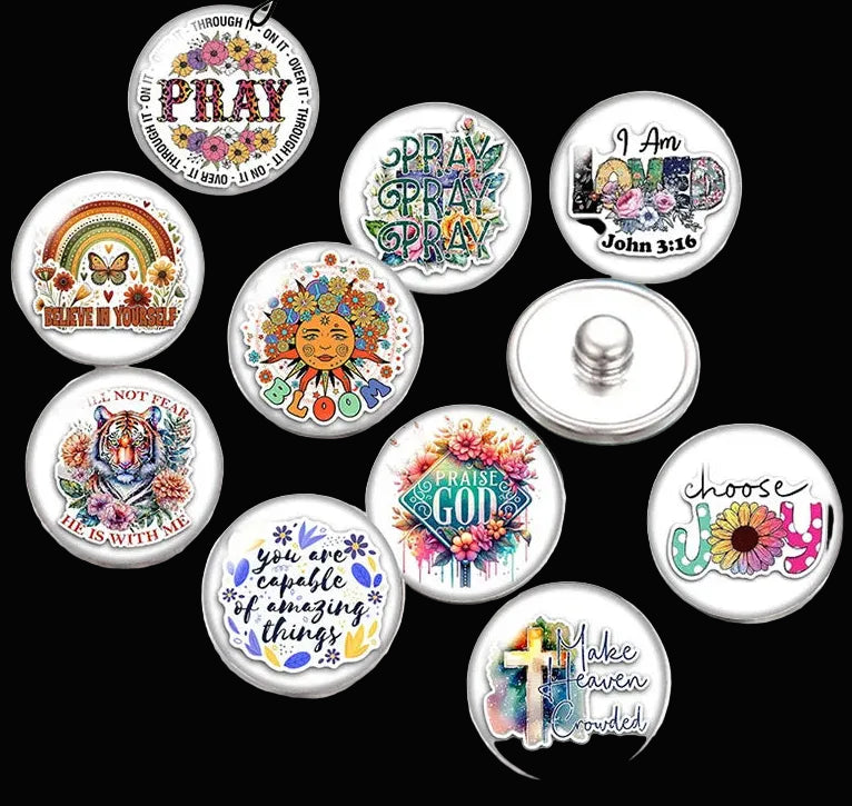 Snap Buttons - Buttons for snap jewelry- sets of 10 pcs each - Motivational Themes. sizes: 12mm/18mm/20mm snap buttons,WARNING: confirm snap jewelry button size, some jewelry may take multiple button sizes. PICK COLOR AND SIZE TO SEE SET CHOSEN.
