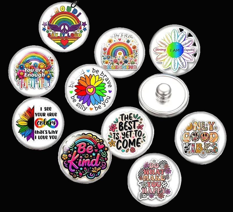 Snap Buttons - Buttons for snap jewelry- sets of 10 pcs each - Motivational Themes. sizes: 12mm/18mm/20mm snap buttons,WARNING: confirm snap jewelry button size, some jewelry may take multiple button sizes. PICK COLOR AND SIZE TO SEE SET CHOSEN.