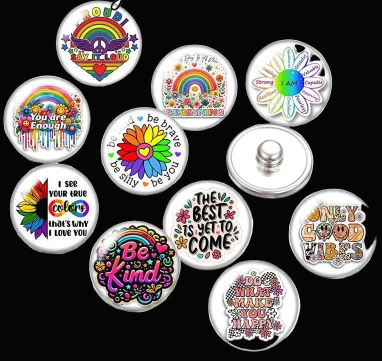 Snap Buttons - Buttons for snap jewelry- sets of 10 pcs each - Motivational Themes. sizes: 12mm/18mm/20mm snap buttons,WARNING: confirm snap jewelry button size, some jewelry may take multiple button sizes. PICK COLOR AND SIZE TO SEE SET CHOSEN.