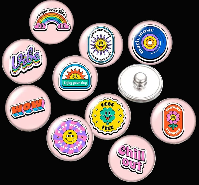 Snap Buttons - Buttons for snap jewelry- sets of 10 pcs each - Motivational Themes. sizes: 12mm/18mm/20mm snap buttons,WARNING: confirm snap jewelry button size, some jewelry may take multiple button sizes. PICK COLOR AND SIZE TO SEE SET CHOSEN.