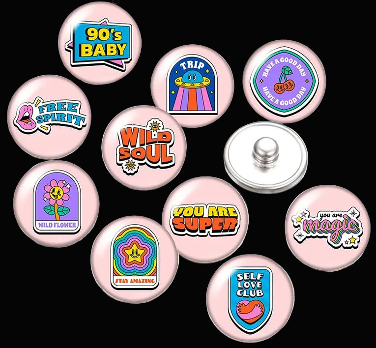 Snap Buttons - Buttons for snap jewelry- sets of 10 pcs each - Motivational Themes. sizes: 12mm/18mm/20mm snap buttons,WARNING: confirm snap jewelry button size, some jewelry may take multiple button sizes. PICK COLOR AND SIZE TO SEE SET CHOSEN.